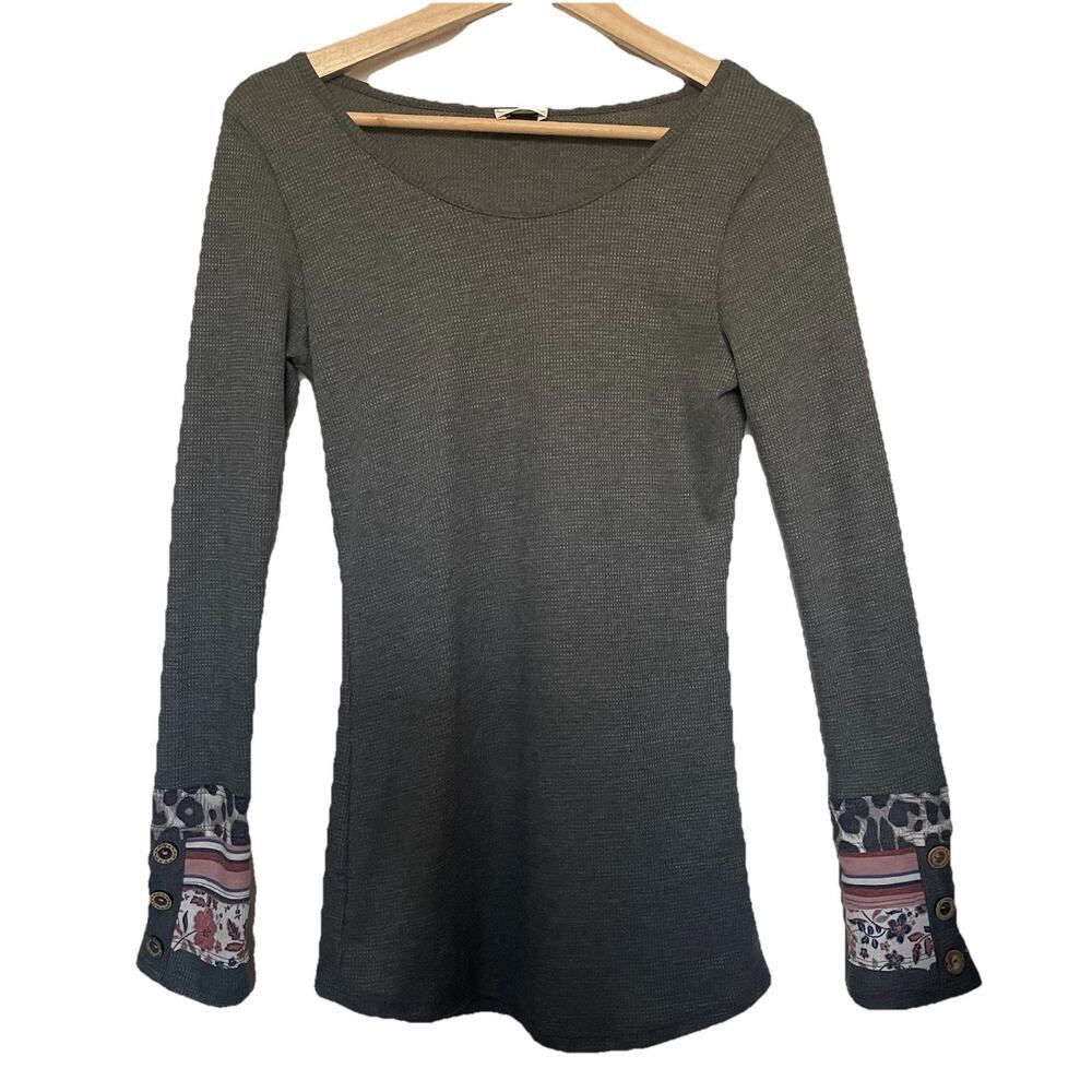Lovely Melody Waffle‎ Knit Thermal Shirt Stretch Boho Festival